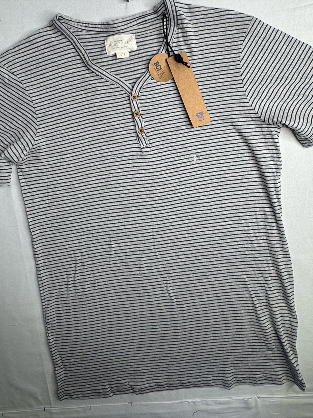 Eileen Fisher Gray and Black Striped Short Sleeve Henley